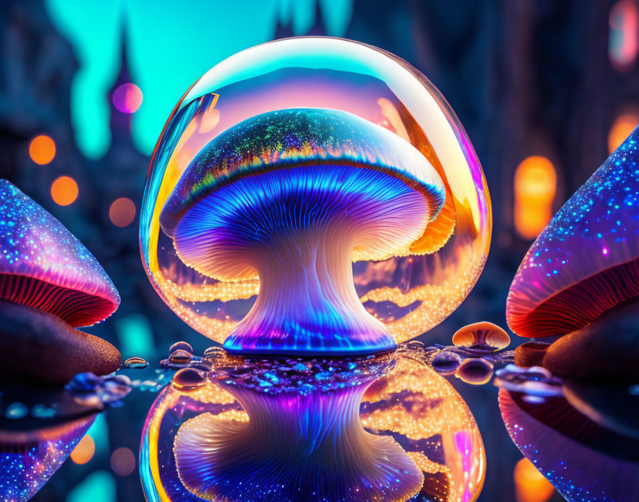 Colorful Neon-Lit Mushroom Scene with Iridescent Fungi