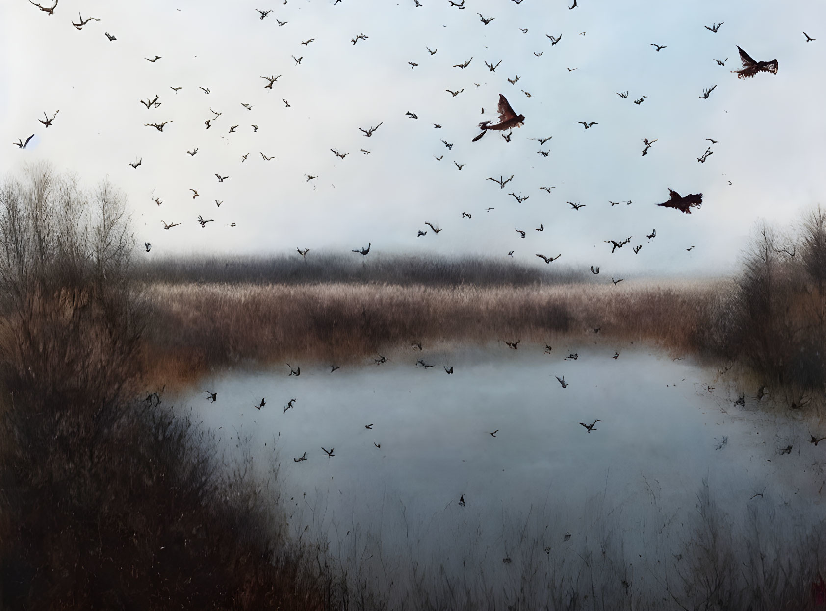 Misty Landscape with Birds Flying over Tranquil Water