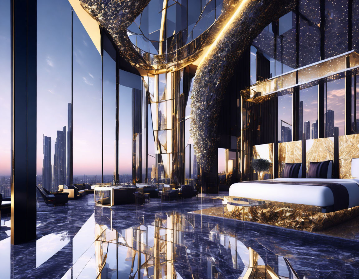 Modern bedroom with city skyline view and gold-black decor