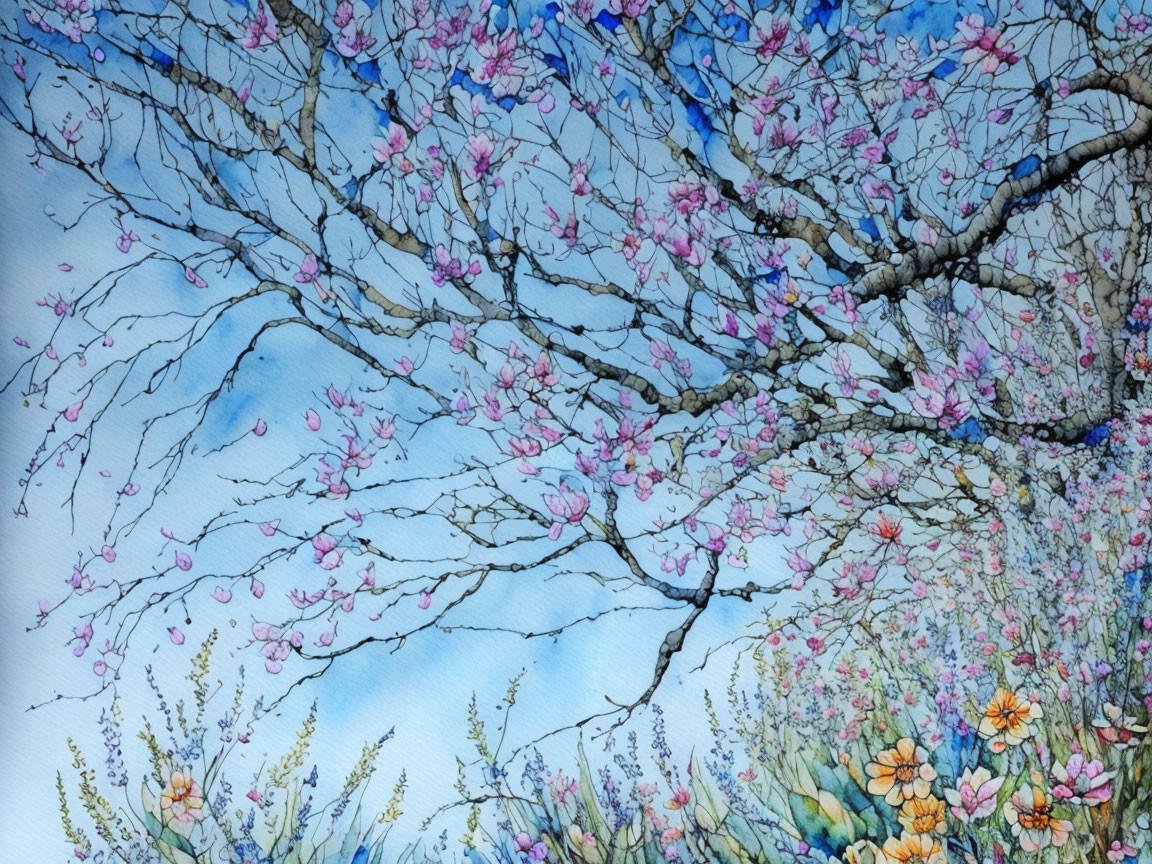 Blossoming tree watercolor painting with pink flowers and blue sky