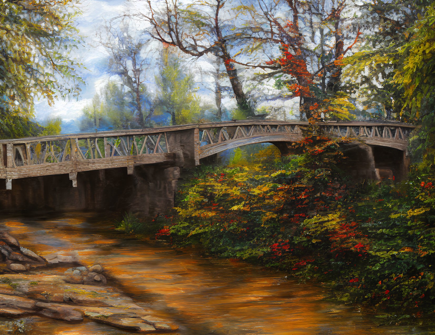 Tranquil autumn landscape with stone bridge and colorful foliage