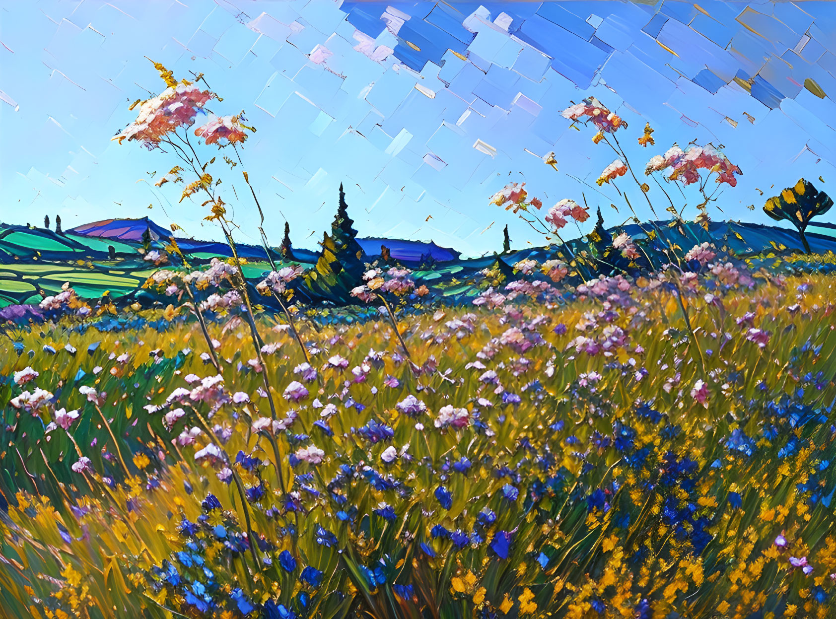 Colorful wildflower meadow painting with pink, white, and yellow blooms under a blue sky.