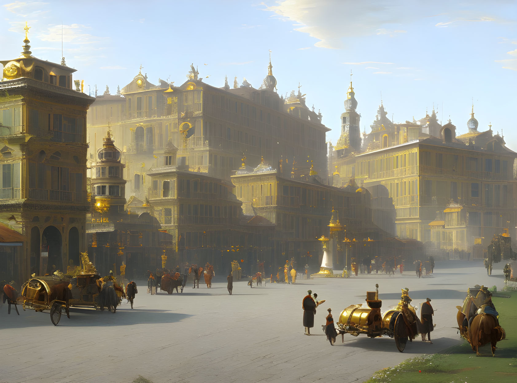 Historical square with people, carriages, and ornate buildings