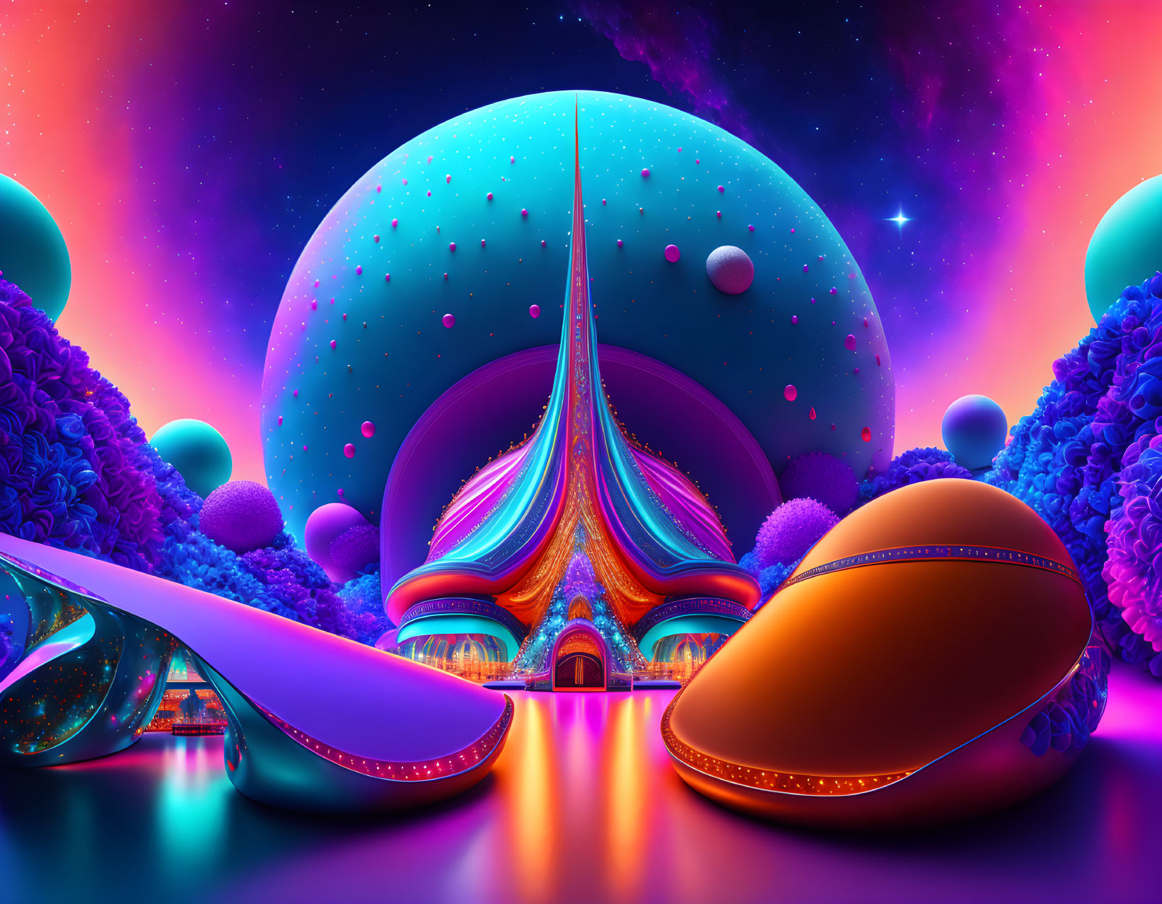 Colorful Fantasy Landscape with Whimsical Structures and Starry Sky