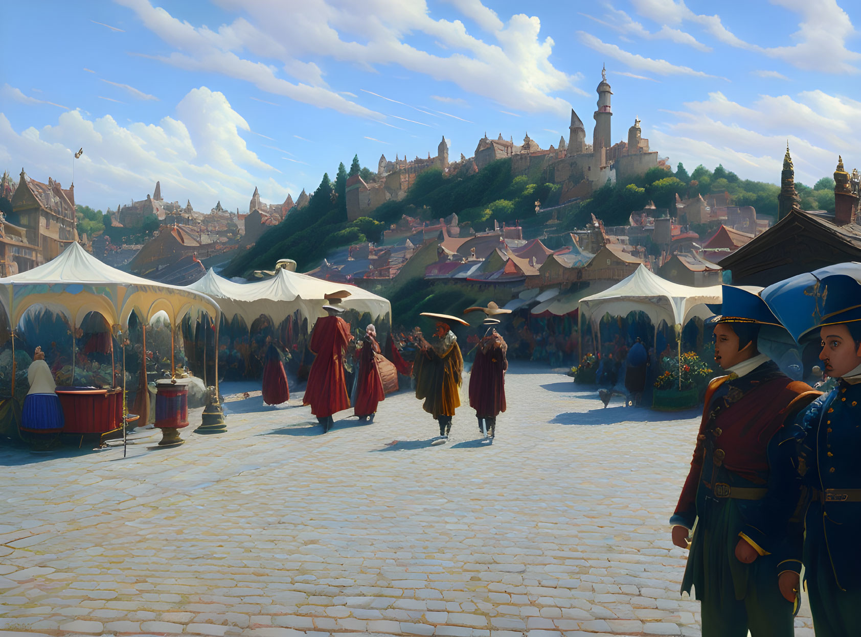 Old-world market scene with vendors, shoppers, and soldiers in period costumes