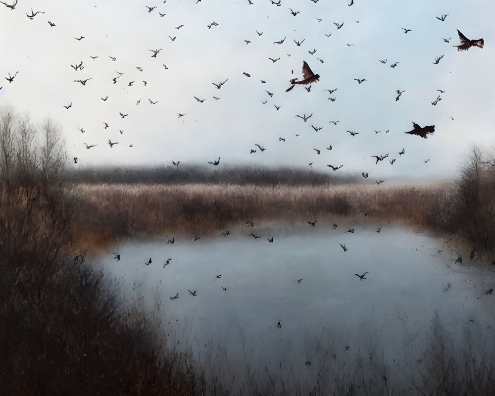 Misty Landscape with Birds Flying over Tranquil Water