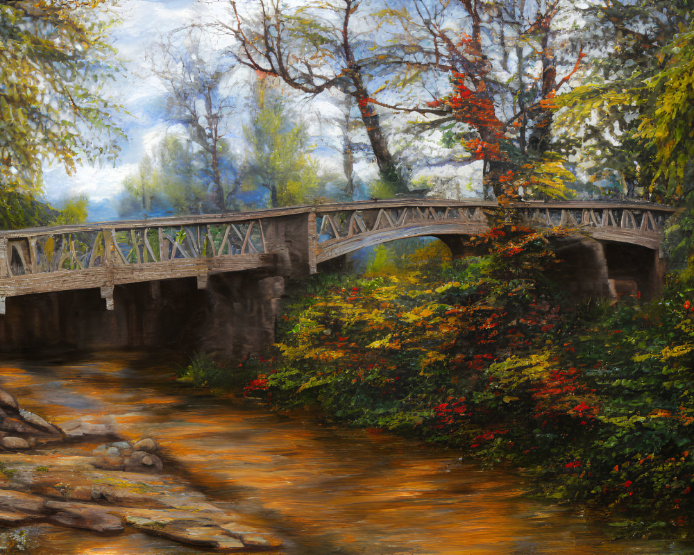 Tranquil autumn landscape with stone bridge and colorful foliage