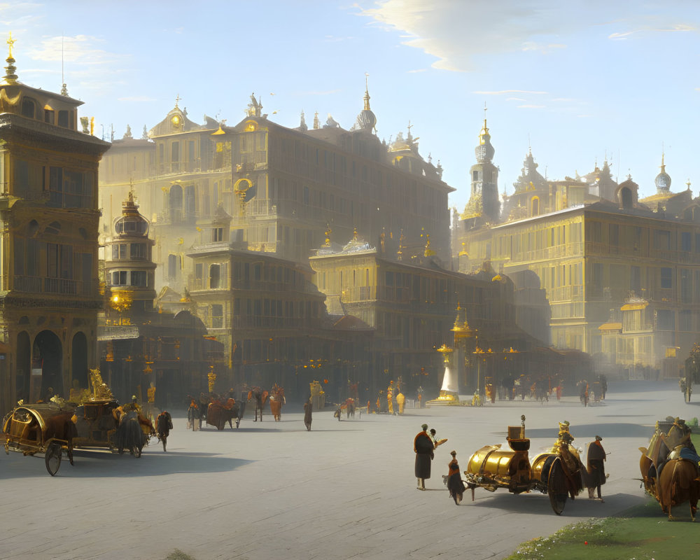 Historical square with people, carriages, and ornate buildings