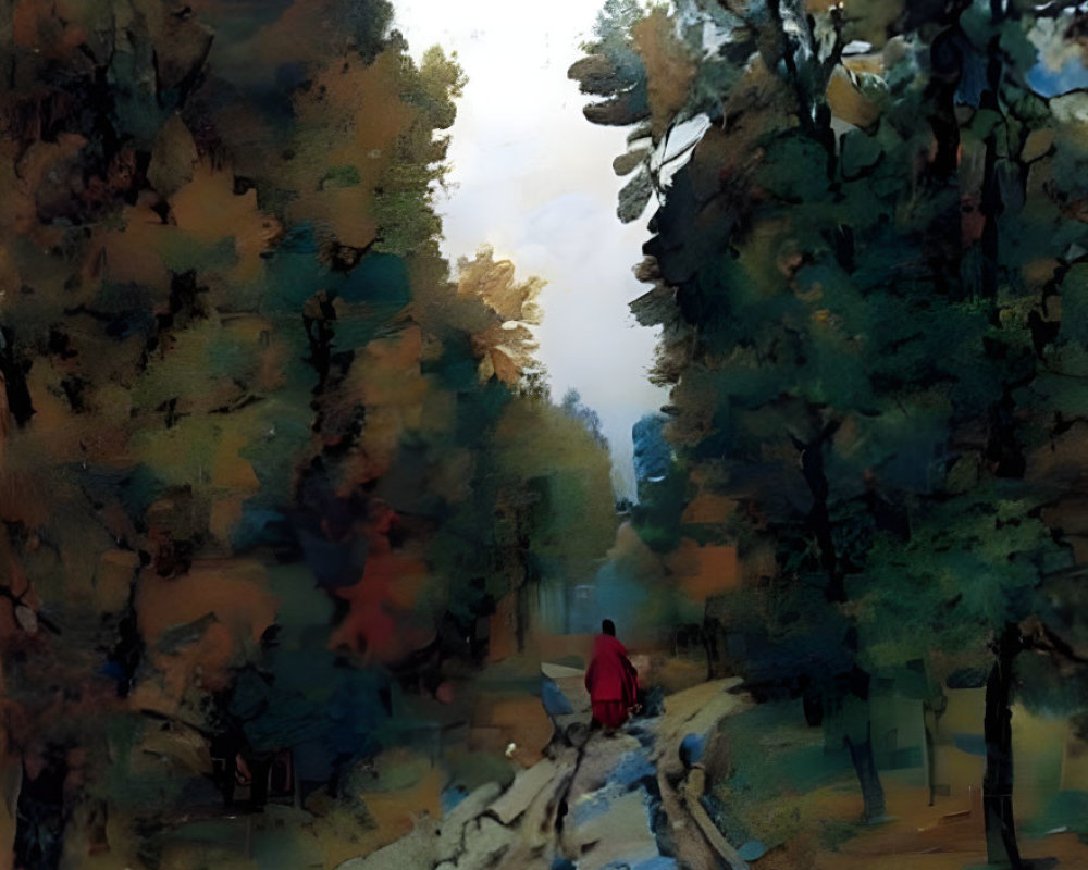 Person in red walking on forest trail under hazy sky