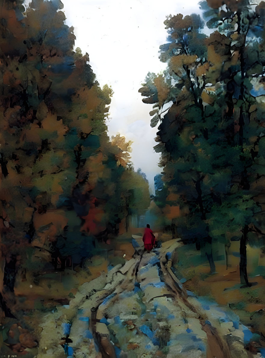 Person in red walking on forest trail under hazy sky