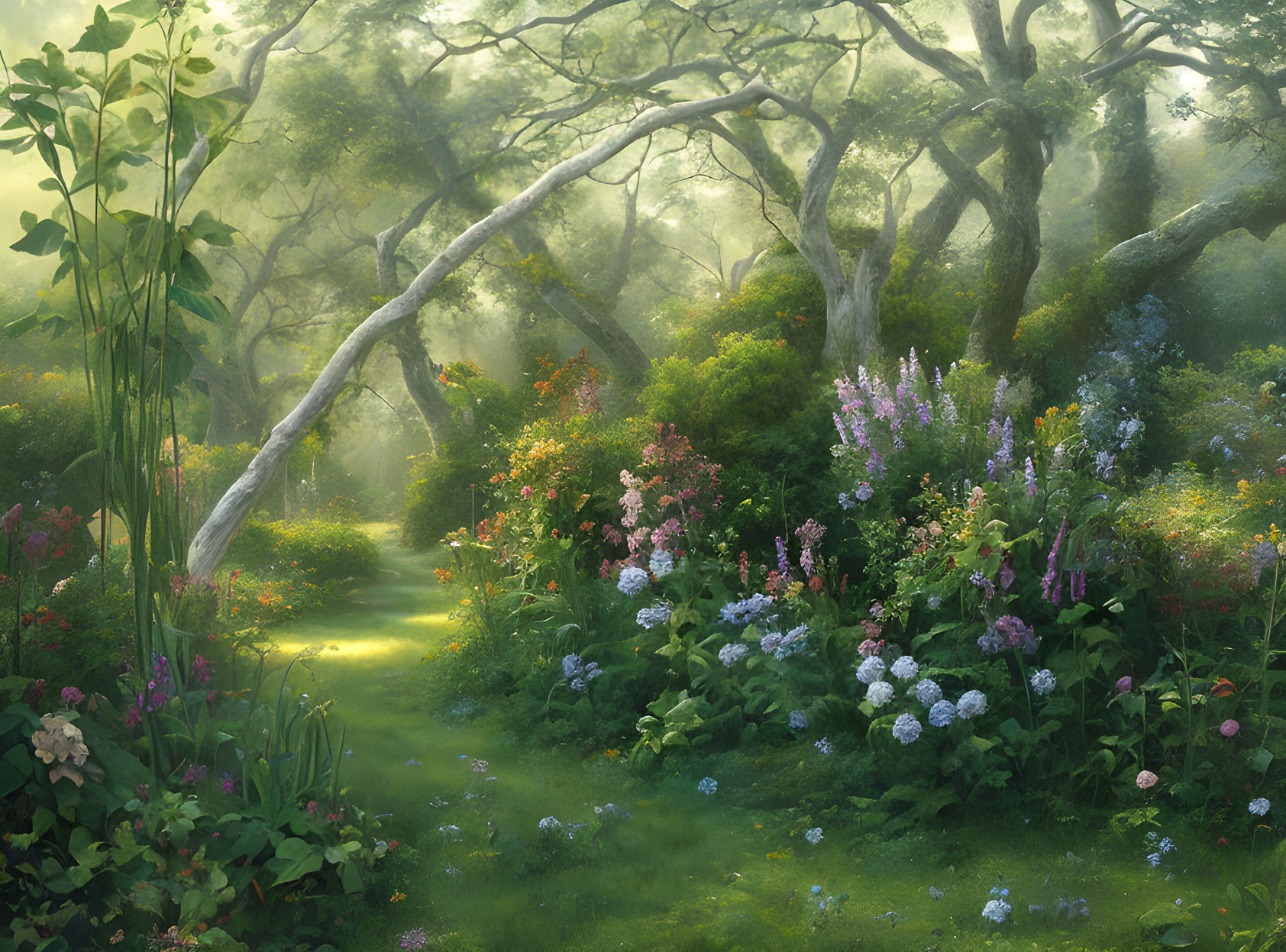 Colorful Flower Garden with Winding Path and Sunlit Mist Through Trees