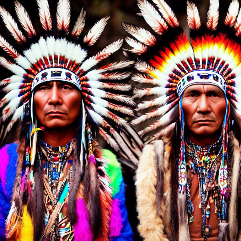 Colorful Native American headdress and regalia with intricate beadwork.