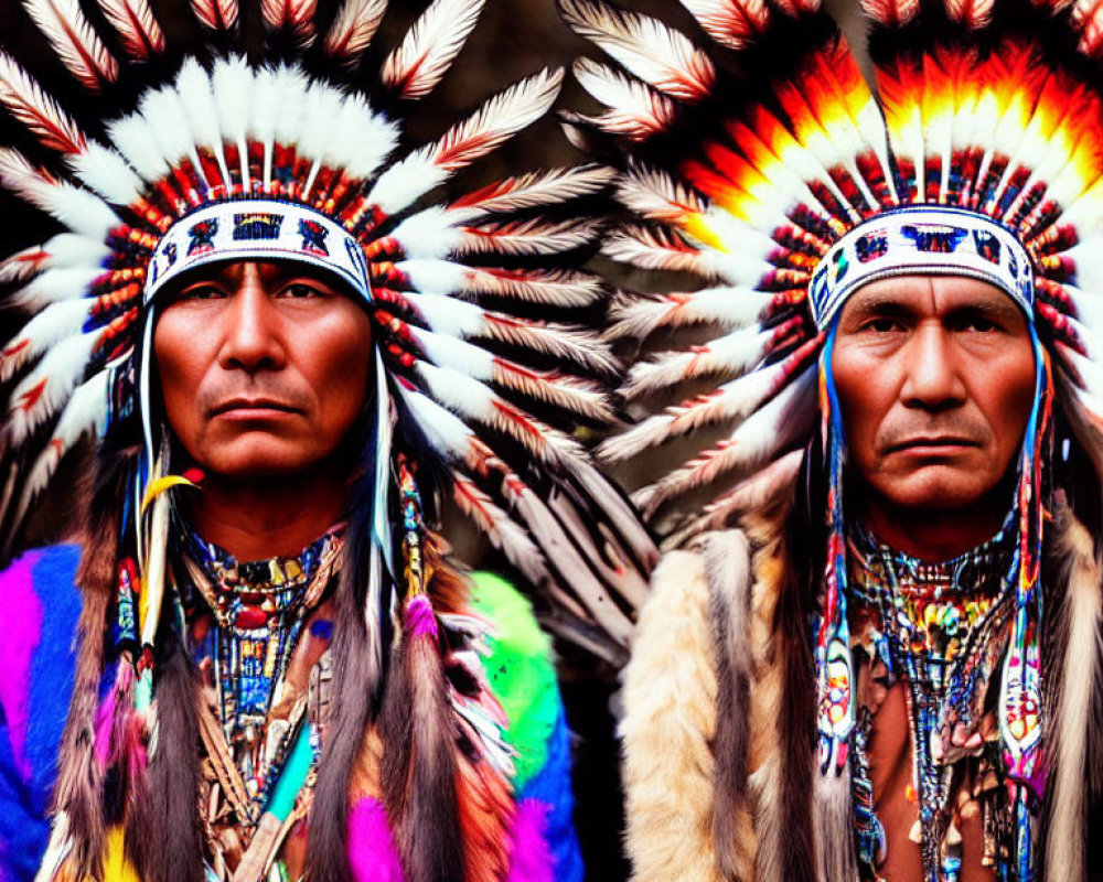 Colorful Native American headdress and regalia with intricate beadwork.