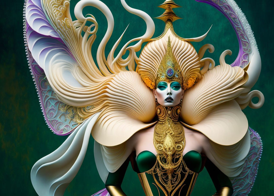 Elaborate gold and white headdress and mask on fantastical figure