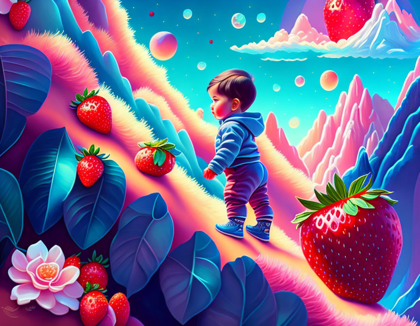 Fantastical child illustration in surreal landscape with oversized strawberries