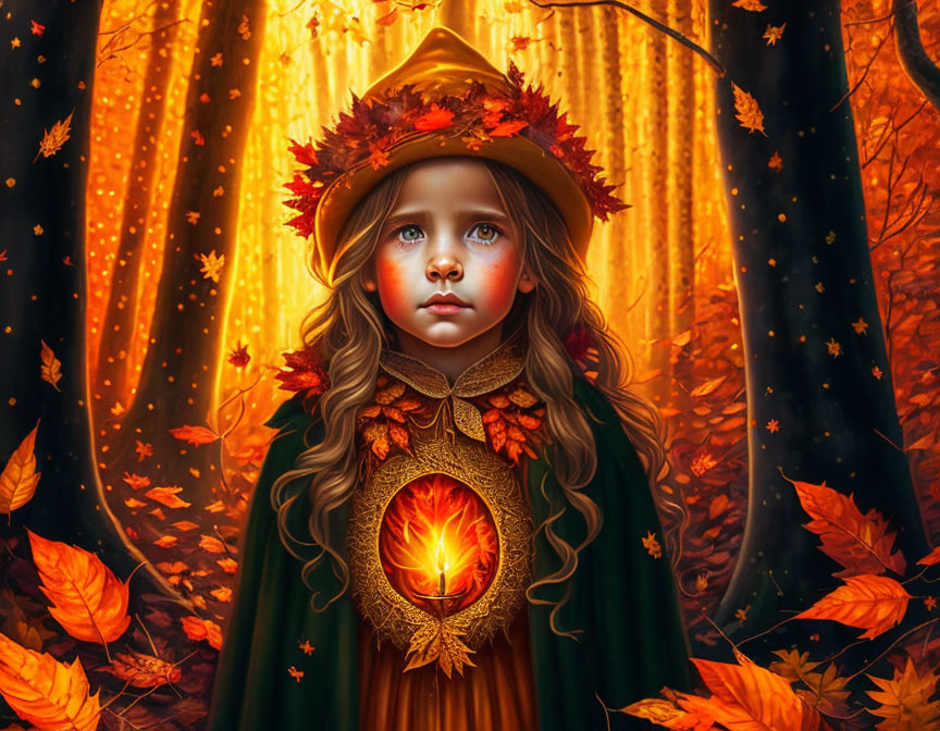 Digital artwork: Young girl in autumnal attire with glowing amulet in magical forest