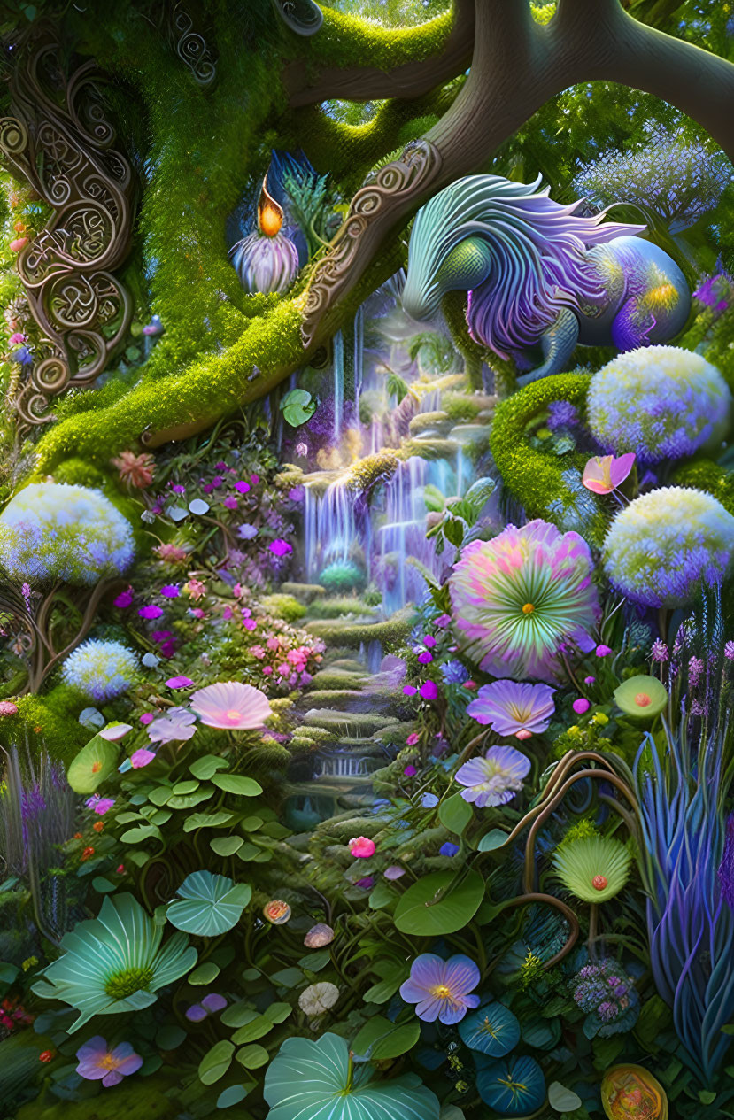 Colorful mystical forest with intricate tree and waterfalls