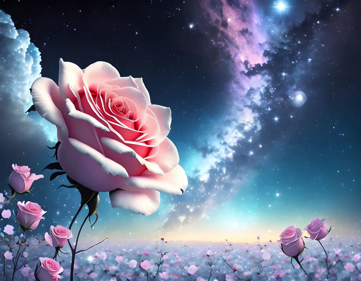 Pink Rose and Cosmic Sky with Stars and Nebulae