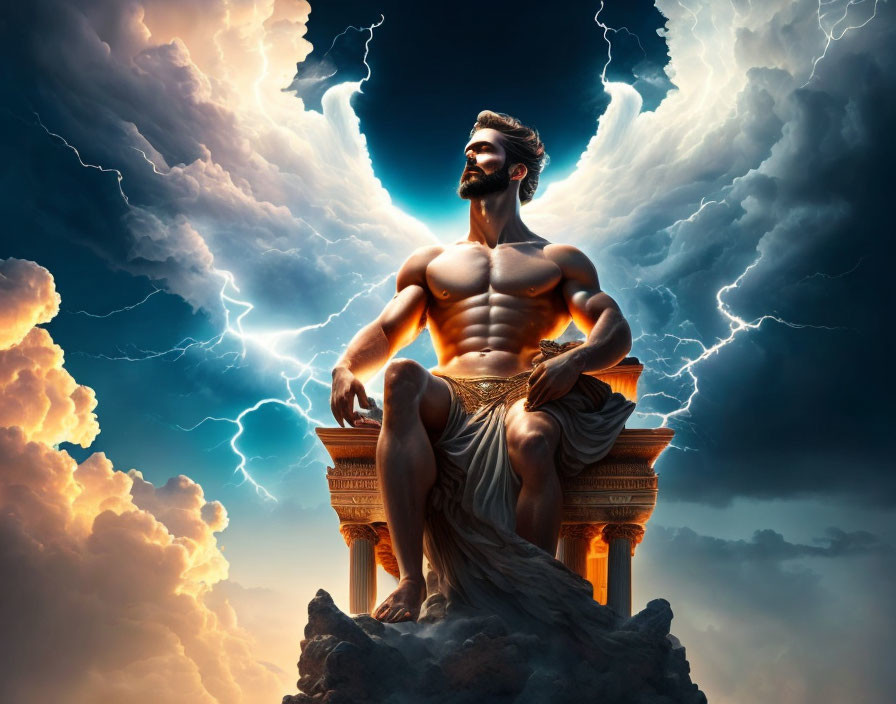 Bearded man on throne with lightning in dramatic sky