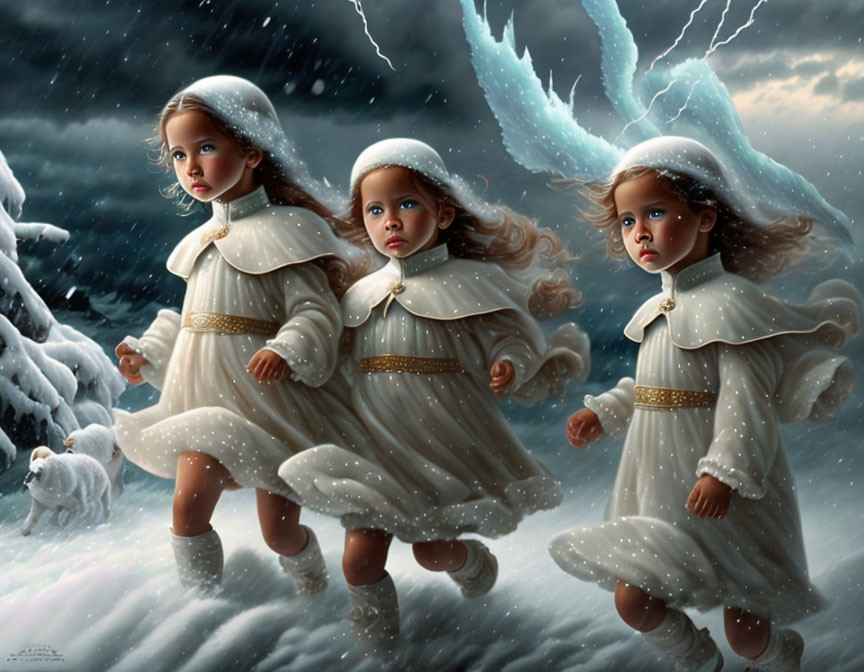 Three young girls in white coats and hats walking in snowy landscape under stormy sky.