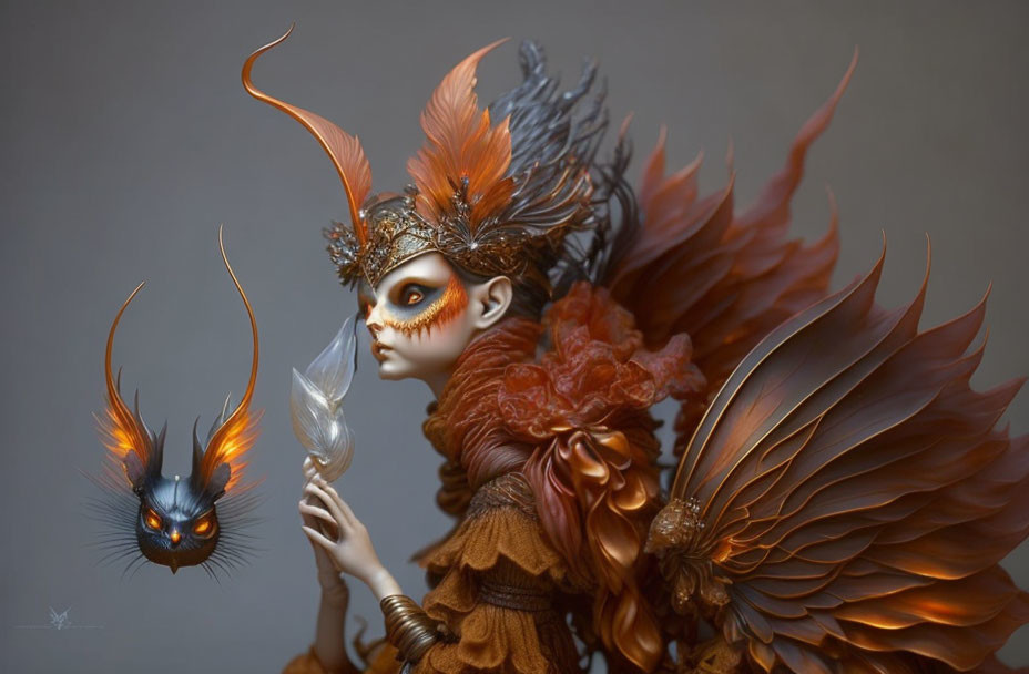 Fantastical figure with feathered wings holding glowing orb and fierce creature.