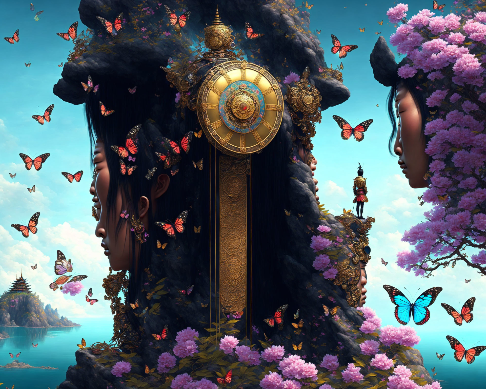Fantastical profile faces with flora, butterflies, golden clock, and figure in serene sky