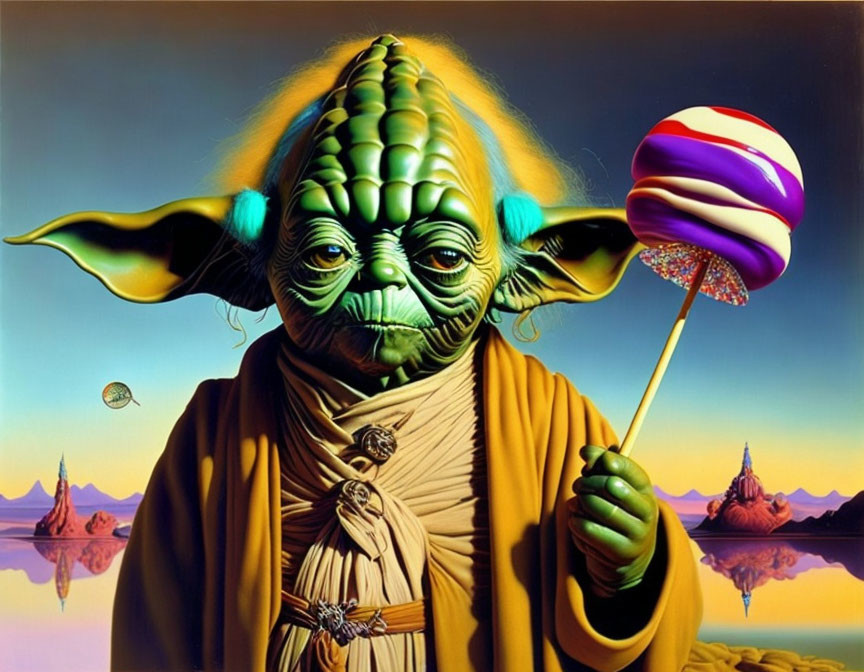 Surreal painting: Yoda-like character with lollipop in alien desert landscape