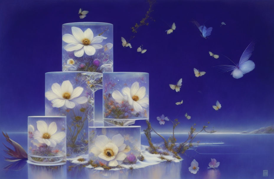 Surreal artwork: Pyramid of transparent cubes with white flowers and butterflies on blue backdrop