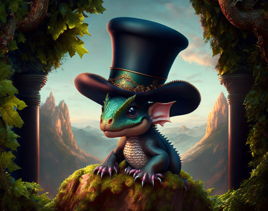 Blue-Green Dragon with Top Hat in Mountain Landscape