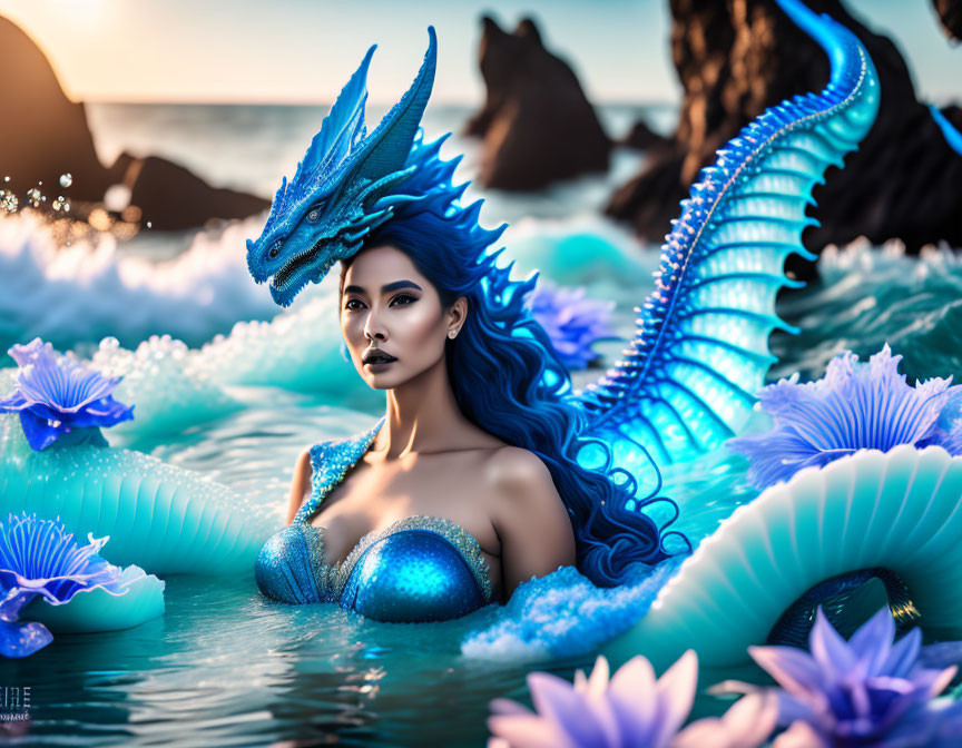 Mermaid and Blue Dragon Among Sea Flowers and Waves