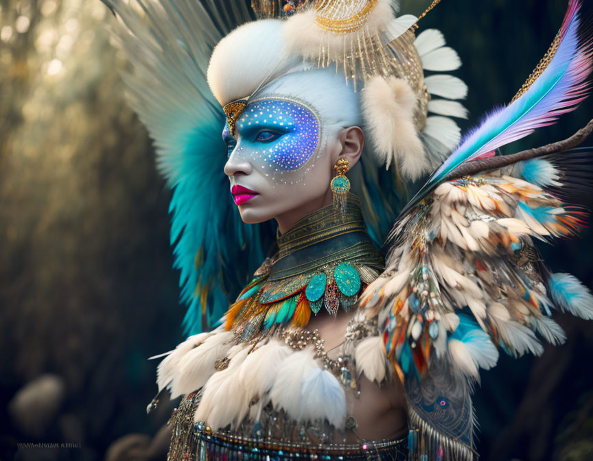 Profile view of person with elaborate feather headdress and blue facial makeup