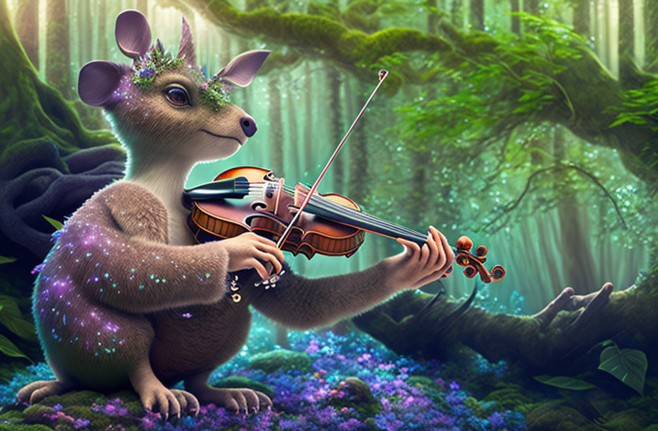 Anthropomorphic kangaroo plays violin in enchanted forest