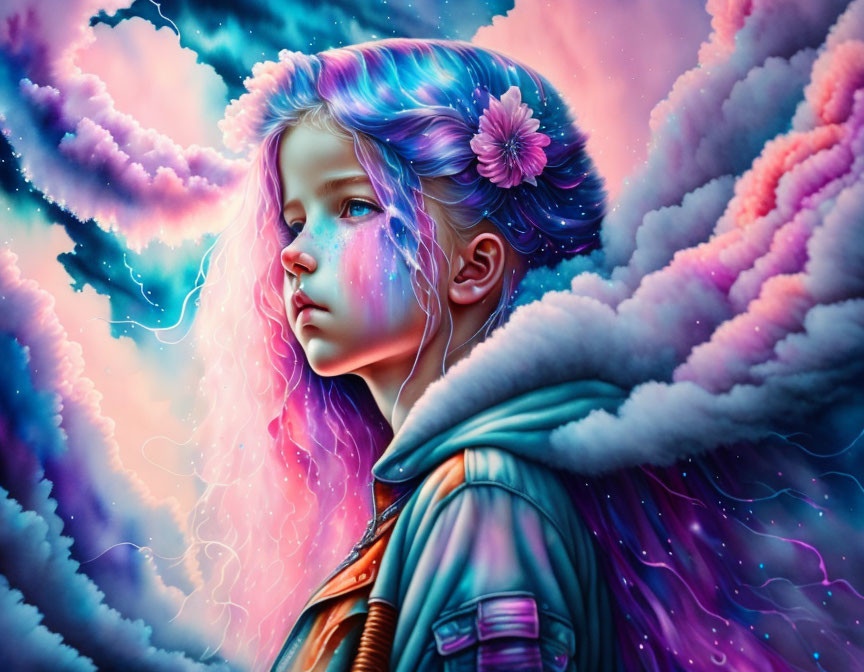 Vibrant digital artwork: young girl with blue hair and flowers, colorful sky