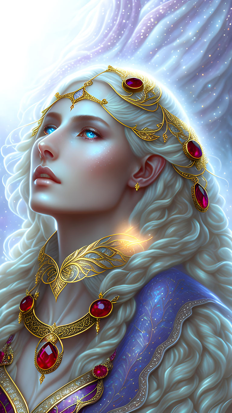 Ethereal woman with silver hair and blue eyes in celestial jewelry.