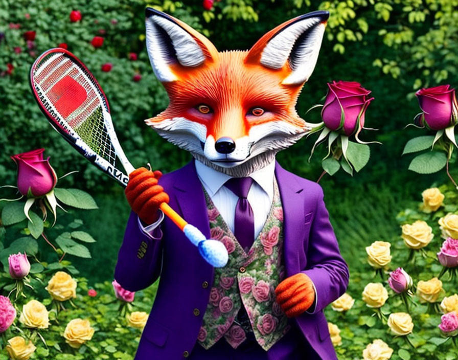 Anthropomorphic fox in purple suit with tennis racket among blooming roses