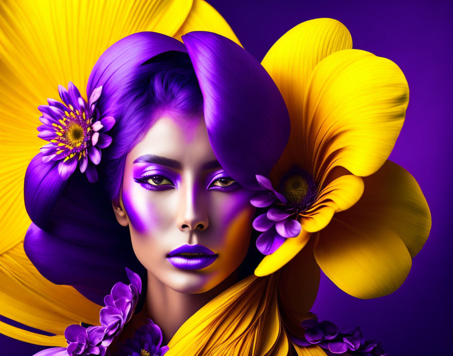 Colorful digital artwork of woman with purple and yellow floral elements on purple background