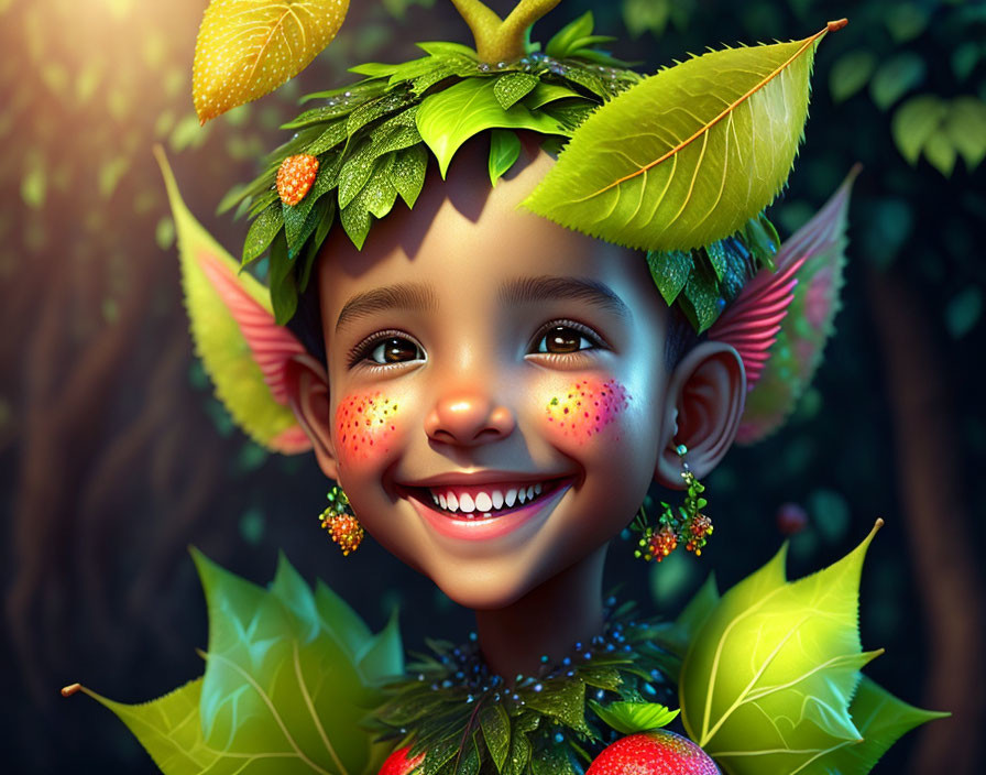 Child with leafy hair and berry adornments in lush green setting