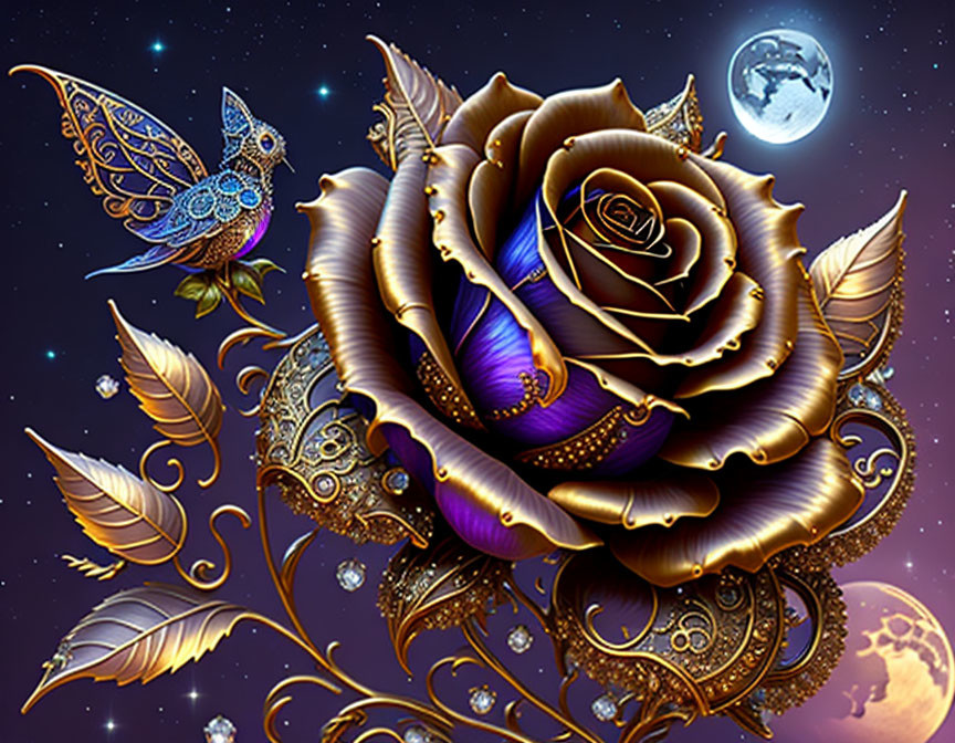 Ornate golden rose on starry night sky with moon