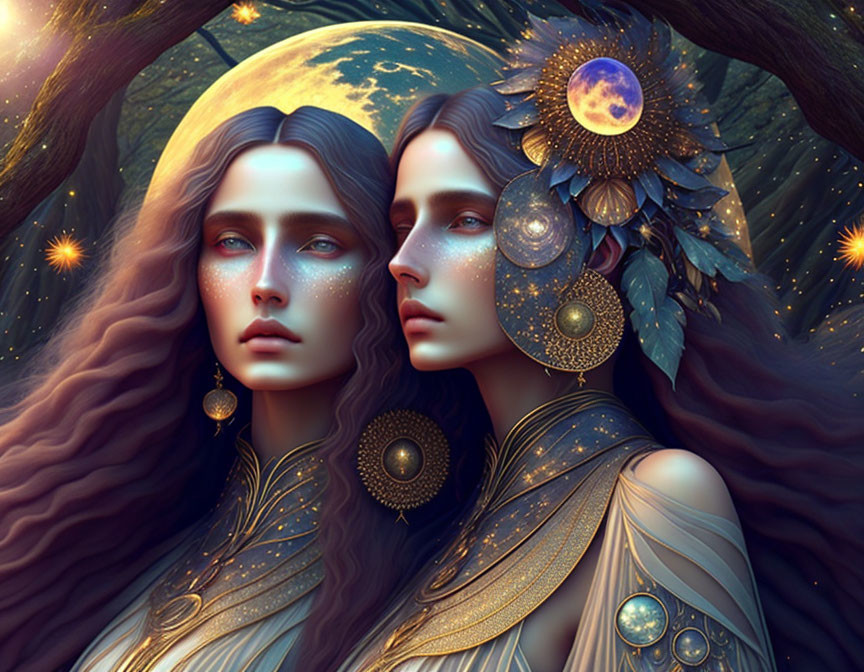 Ethereal women with celestial hair in moonlit forest