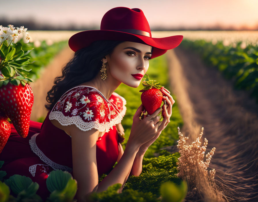 Woman in Red Dress Holding Strawberry in Sunset Field