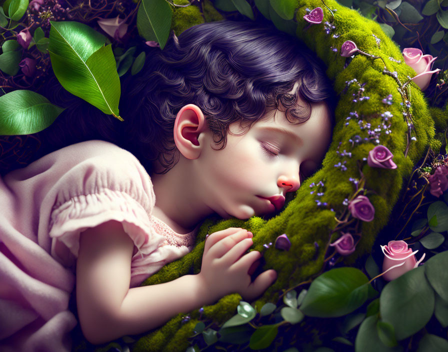 Child Sleeping Surrounded by Moss and Pink Blossoms