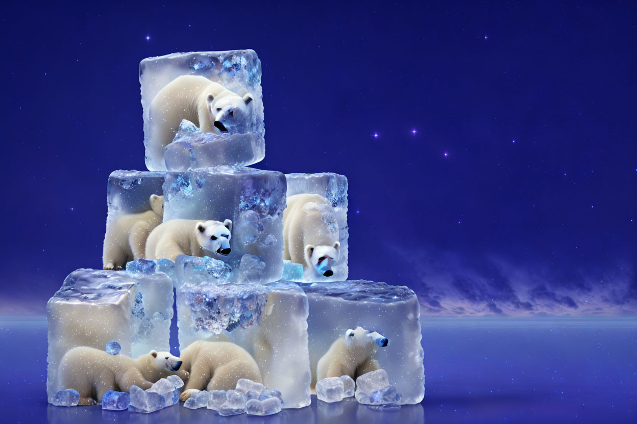 Polar bears in transparent ice cubes under starry night sky with aurora