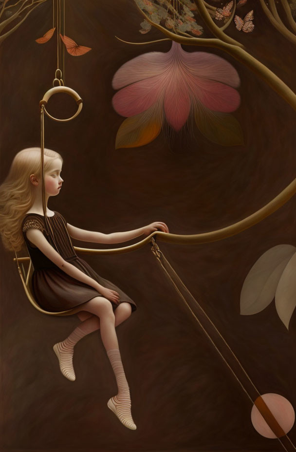 Blonde girl in brown dress on branch with rope in earth-toned setting