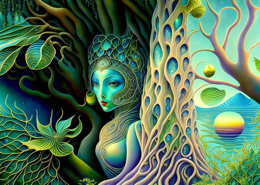 Colorful Surreal Illustration: Woman Merged with Tree in Intricate Landscape