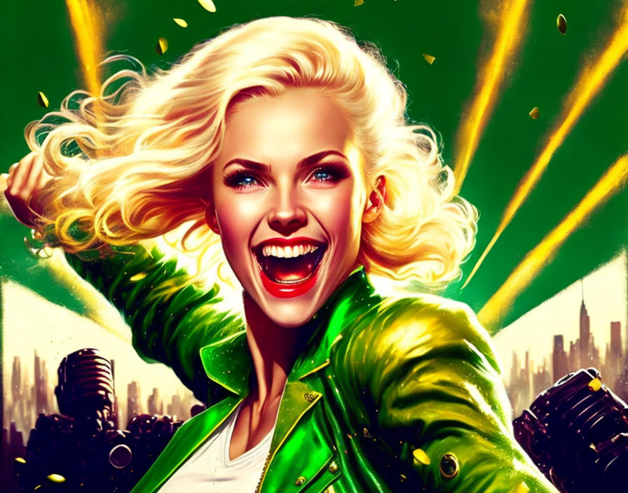 Blonde woman in green jacket smiles against cityscape backdrop