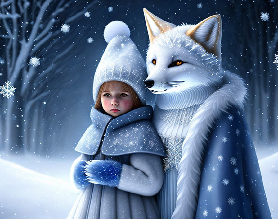 Young girl with white fox in snowy winter scene