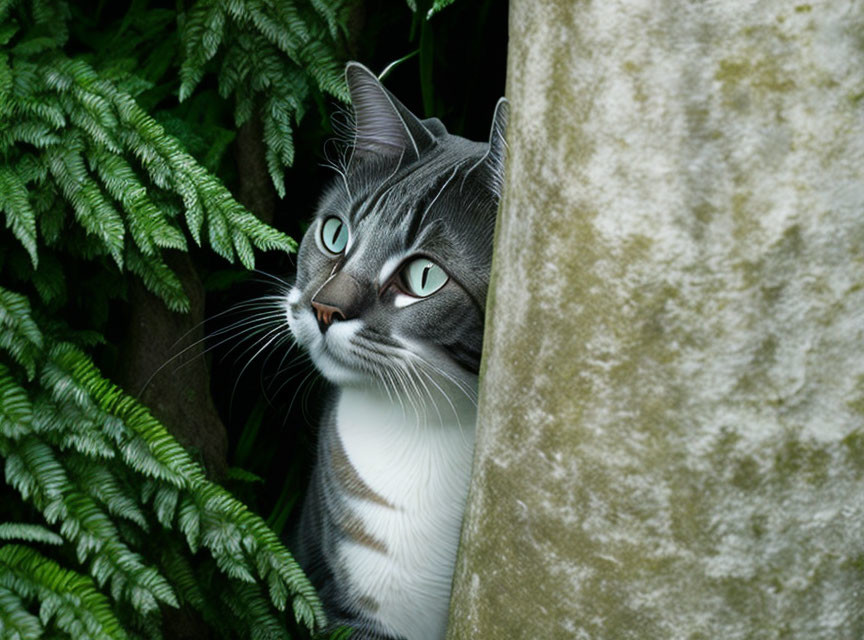 Gray and White Cat with Green Eyes Behind Stone Column and Ferns