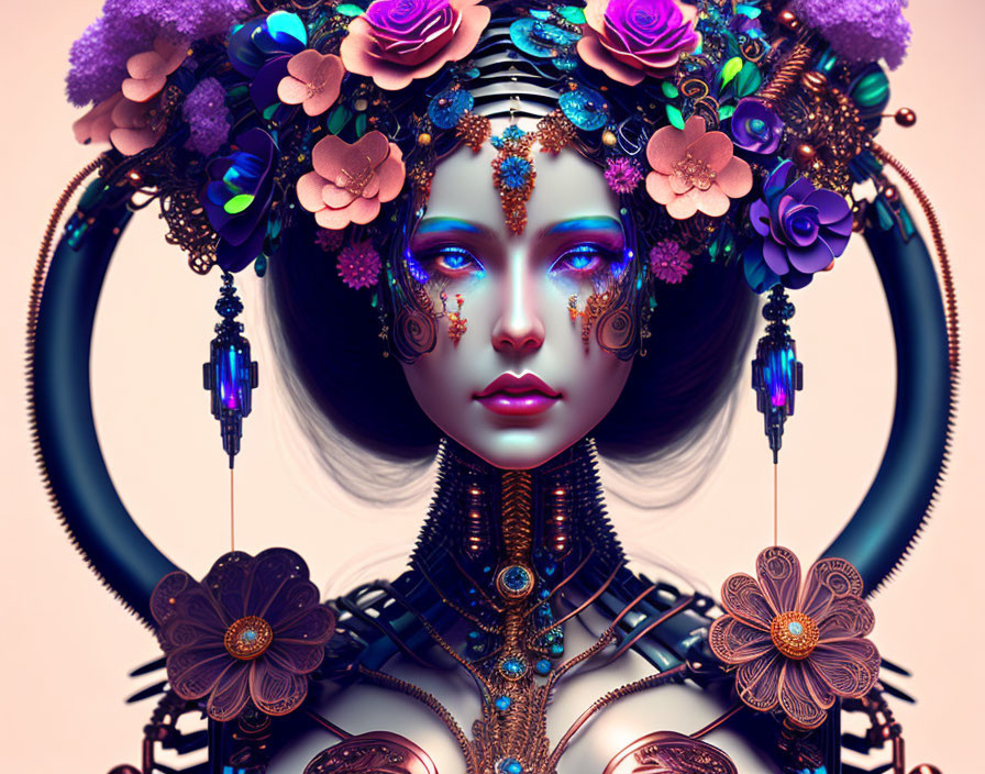 Digital artwork: Woman with fantasy floral headdress, ornate jewelry, and cybernetic details on