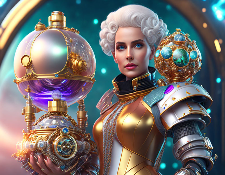 Futuristic woman in golden armor with spherical glowing helmet