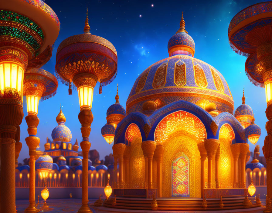 Golden-Domed Palaces Under Starlit Sky: Ornate Illustration with Magical Arabian Night Ambiance